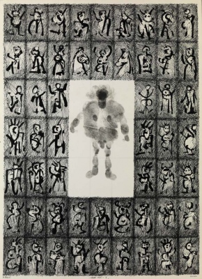 Handy-man, tu&amp;scaron;, pero, papir, odtis roke / ink, pen, paper, print of the hand, 1990, 65x47 cm