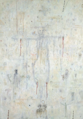 Stigmatizirani / Stigmatized, olje, papir in les / oil, paper and wood, 1996, 140x100 cm